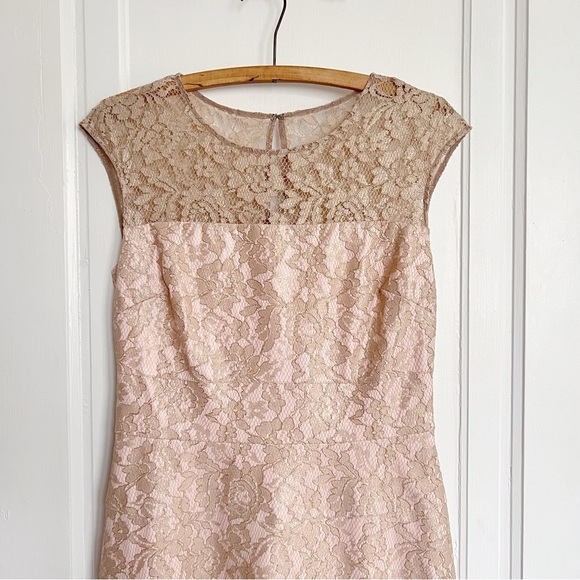Kay Unger • Cap Sleeve Illusion Lace Dress tea length blush nude pink gold - Picture 3 of 9